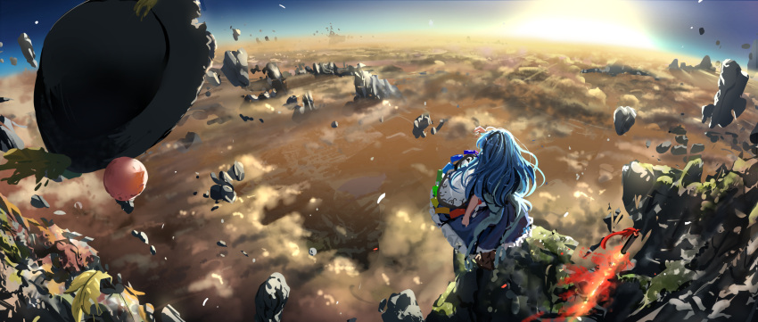 1girl above_clouds apron black_headwear blue_hair blue_skirt cliff cloud cloudy_sky dawn floating_rock food from_behind fruit hat hat_loss hat_removed headwear_removed highres hinanawi_tenshi long_hair outdoors peach planted planted_sword scenery short_sleeves skirt sky solo sun suna_(s73d) sword sword_of_hisou touhou weapon white_apron wide_shot