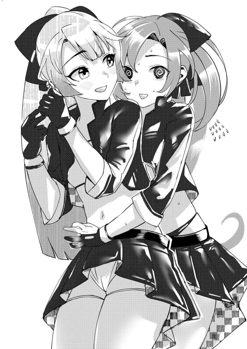 2girls @_@ akigumo_(kancolle) akigumo_(kancolle)_(cosplay) asava_(hutaitenn) blush checkered_flag cosplay cowboy_shot crop_top flag gloves greyscale hair_between_eyes hair_ribbon highres jacket kantai_collection kazagumo_(kancolle) long_hair matching_outfit monochrome multiple_girls navel official_alternate_costume open_mouth ponytail race_queen ribbon shorts simple_background skirt white_background