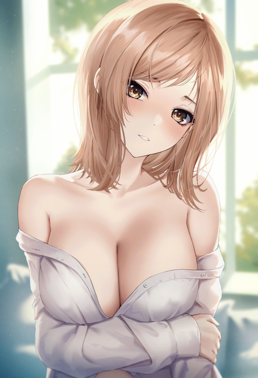 1girl bare_shoulders blush breasts cleavage collarbone covered_nipples head_tilt highres holding_own_arm idolmaster idolmaster_shiny_colors large_breasts light_brown_hair looking_at_viewer marinesnow medium_hair morning naked_shirt non-web_source open_clothes open_shirt sakuragi_mano shirt solo sunlight upper_body white_shirt yellow_eyes