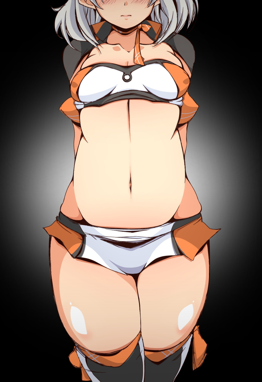 1girl boots breasts highres kanbayashi_chiko kantai_collection microskirt multicolored_bandeau multicolored_clothes multicolored_skirt natsugumo_(kancolle) navel official_alternate_costume orange_bandeau orange_skirt race_queen short_hair shrug_(clothing) skirt small_breasts solo thigh_boots white_bandeau white_hair white_skirt