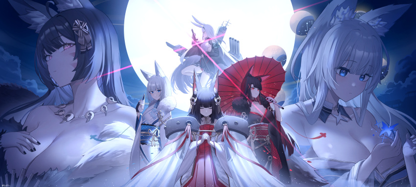 6+girls absurdres akagi_(azur_lane) animal_ear_fluff animal_ears azur_lane backlighting bangs black_hair black_kimono black_nails blue_eyes blunt_bangs breasts brown_hair bug butterfly cannon choker cleavage closed_eyes collarbone commentary fox_ears fox_girl fox_mask fox_tail full_moon fur-trimmed_kimono fur_trim glowing glowing_eyes hair_ornament hairband highres holding holding_mask holding_sword holding_weapon huge_breasts interlocked_fingers japanese_clothes jewelry jeze kaga_(azur_lane) kanzashi kimono kitsune kyuubi large_breasts long_hair long_sleeves looking_at_viewer mask medium_breasts moon multiple_girls multiple_tails musashi_(azur_lane) nagato_(azur_lane) nail_polish necklace night obi obijime official_alternate_costume oil-paper_umbrella outdoors own_hands_together pink_eyes praying rabbit_ears rabbit_girl red_eyes rigging sash sheath sheathed shimakaze_(azur_lane) shinano_(azur_lane) short_hair sideboob sidelocks small_breasts sword symbol-only_commentary tail torpedo_tubes umbrella unsheathing very_long_hair weapon white_hair white_kimono wide_sleeves x_hair_ornament