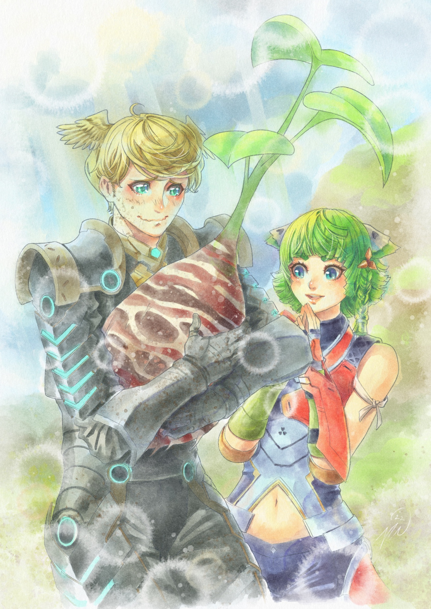 1boy 1other animal_ears armor blonde_hair blush cat_ears clothing_cutout food green_hair head_wings highres holding holding_food holding_vegetable juniper_(xenoblade) looking_at_another navel_cutout short_hair vegetable vvbert wavy_mouth xenoblade_chronicles_(series) xenoblade_chronicles_3 zeon_(xenoblade)