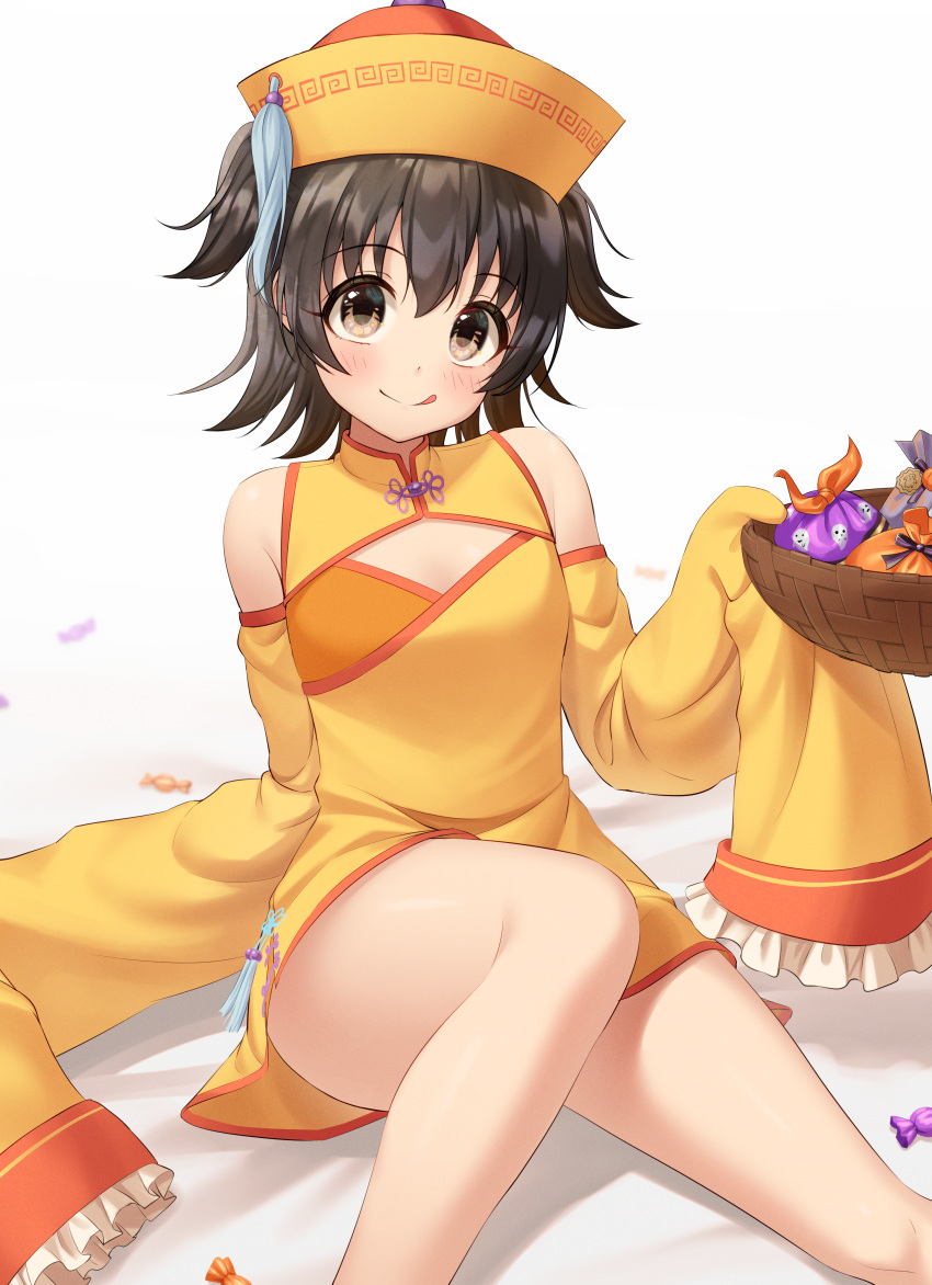 1girl :q absurdres akagi_miria bangs bed_sheet black_hair blush bowl breasts brown_eyes candy china_dress chinese_clothes cleavage cleavage_cutout clothing_cutout commentary_request detached_sleeves dress food frilled_sleeves frills hat highres holding holding_bowl idolmaster idolmaster_cinderella_girls legs looking_at_viewer short_hair short_twintails sitting small_breasts smile solo thighs tongue tongue_out tsunenorip twintails very_long_sleeves yellow_dress yellow_headwear