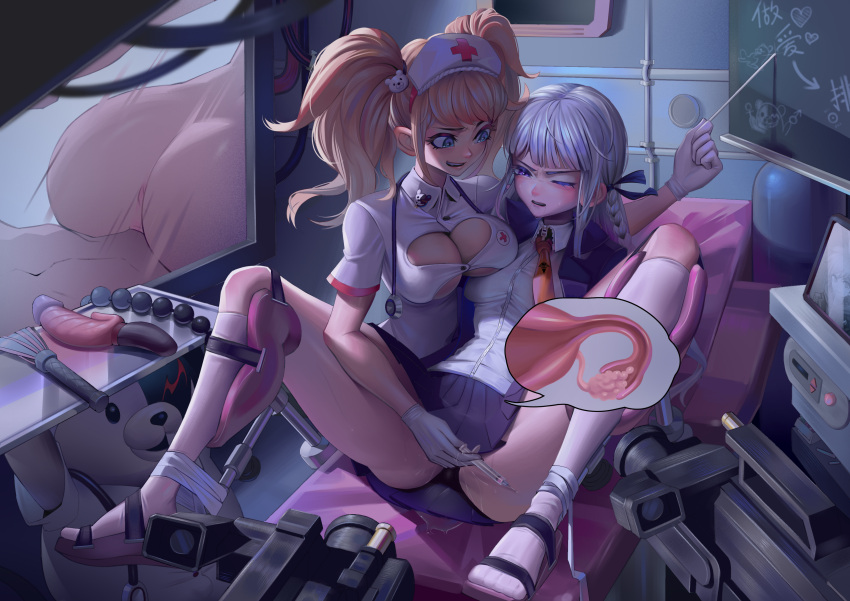 2girls absurdres anal_beads animal_hair_ornament anus arrow_(symbol) ass bangs bear_hair_ornament bed blonde_hair blue_eyes blunt_bangs bound bound_legs braid breast_press breasts cat_o'_nine_tails chinese_commentary chinese_text cleavage cleavage_cutout clothing_cutout collared_shirt cross danganronpa:_trigger_happy_havoc danganronpa_(series) dildo enoshima_junko gloves h.an_(516635864) hair_ornament hair_ribbon hat heart highres holding holding_pointer hospital hospital_bed indoors jacket kirigiri_kyouko kneehighs large_breasts light_purple_hair long_hair looking_at_another mars_symbol miniskirt monokuma multiple_girls naegi_makoto necktie nurse_cap open_clothes open_jacket open_mouth orange_necktie pleated_skirt pointer purple_eyes purple_jacket purple_ribbon purple_skirt red_cross restrained ribbon sex_toy shirt short_sleeves skirt smile socks sweat symmetrical_docking syringe television tray twintails underboob vaginal venus_symbol whip white_gloves white_headwear white_shirt white_socks yuri zipper zipper_pull_tab