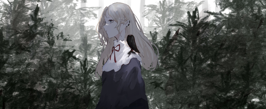 1girl absurdres bird blue_eyes closed_mouth dress expressionless forest from_side headless highres jewelry long_hair mole mole_under_eye nature necklace original outdoors piercing pikuson plant scenery solo tree white_background white_hair