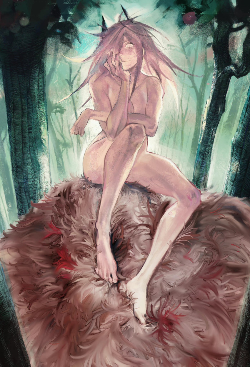 1girl black_horns blood breasts brown_hair chainsaw_man chinese_commentary collarbone commentary_request completely_nude constricted_pupils crossed_arms crosshair_pupils curled_fingers day demon_horns faux_traditional_media forest full_body hair_over_one_eye hand_on_own_face head_on_hand head_rest highres horns knee_up lantern_madoyoi looking_at_viewer medium_hair messy_hair nature nude one_eye_covered outdoors painterly pelt power_(chainsaw_man) sitting smile solo spiked_hair tree unkempt yellow_eyes
