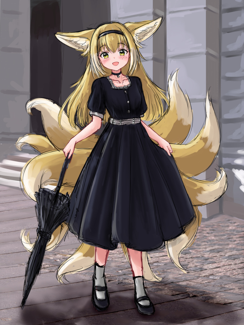 1girl :d absurdres alternate_costume alternate_hairstyle animal_ears arknights black_choker black_dress black_hair black_hairband blonde_hair blush breasts building choker closed_umbrella collarbone dress fox_ears fox_girl fox_tail full_body green_eyes grey_socks hair_down hairband highres kitsune kyuubi long_hair looking_at_viewer multiple_tails open_mouth outdoors road rylaera shoes short_sleeves sketch small_breasts smile socks solo stairs standing street suzuran_(arknights) tail umbrella