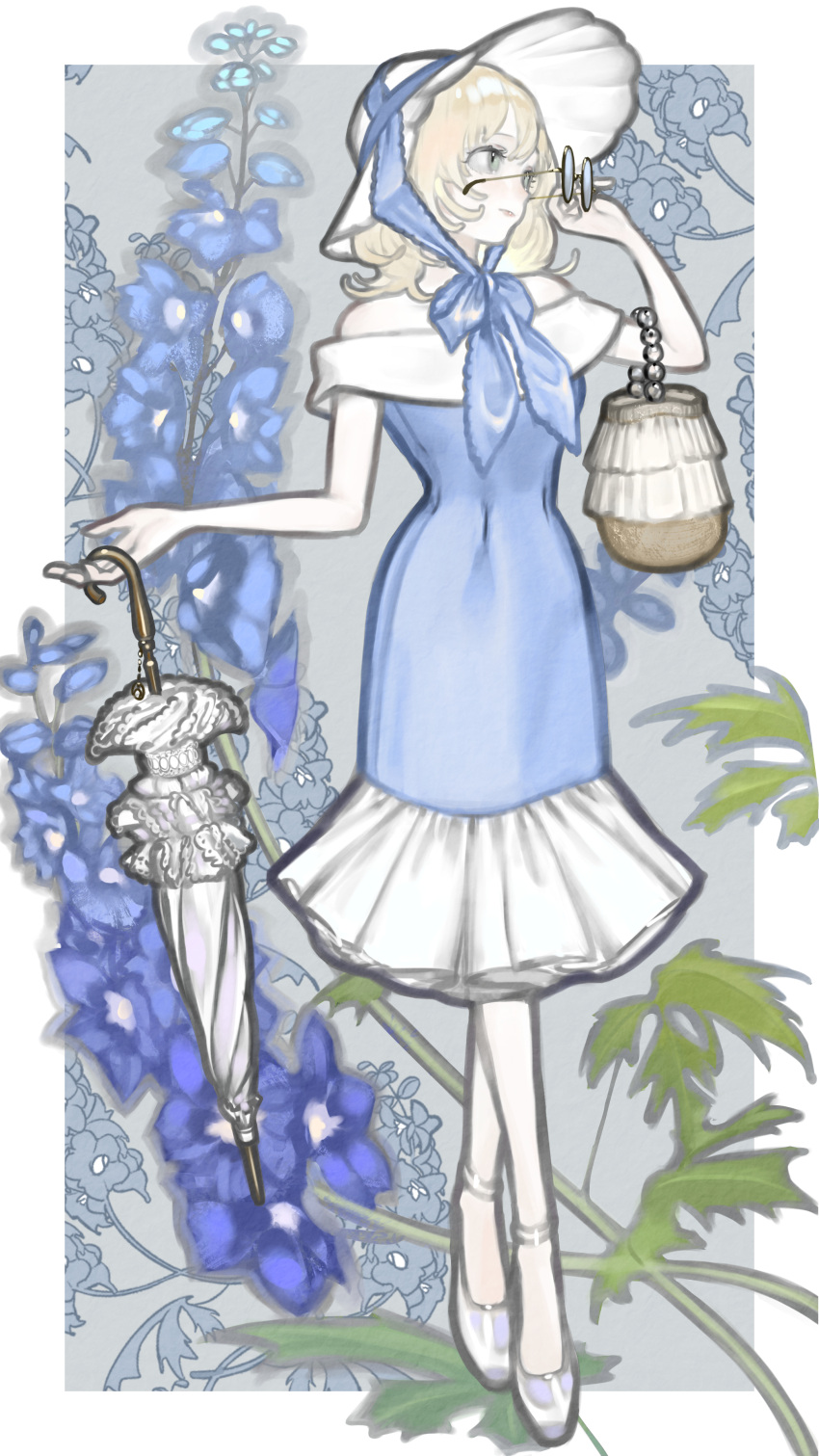 1girl absurdres bag bangs bare_arms blonde_hair blue_flower blue_ribbon blue_theme border closed_mouth crossed_legs dress flower full_body gem green_eyes hat hat_ribbon highres holding holding_bag holding_eyewear holding_umbrella larkspur_(flower) leaf looking_away looking_to_the_side mallllma medium_hair off-shoulder_dress off_shoulder original pearl_(gemstone) removing_eyewear ribbon solo standing sun_hat sunglasses umbrella white_border white_footwear white_headwear