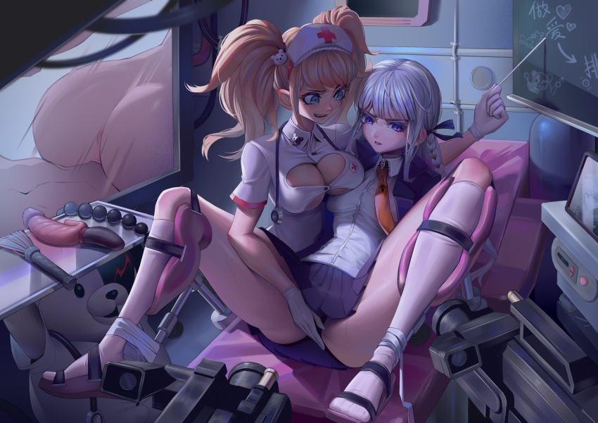 2girls absurdres anal_beads animal_hair_ornament anus arrow_(symbol) ass bangs bear_hair_ornament bed blonde_hair blue_eyes blunt_bangs bound bound_legs braid breast_press breasts cat_o'_nine_tails chinese_commentary chinese_text cleavage cleavage_cutout clothing_cutout collared_shirt cross danganronpa:_trigger_happy_havoc danganronpa_(series) dildo enoshima_junko gloves h.an_(516635864) hair_ornament hair_ribbon hat heart highres holding holding_pointer hospital hospital_bed indoors jacket kirigiri_kyouko kneehighs large_breasts light_purple_hair long_hair looking_at_another mars_symbol miniskirt monokuma multiple_girls naegi_makoto necktie nurse_cap open_clothes open_jacket open_mouth orange_necktie pleated_skirt pointer purple_eyes purple_jacket purple_ribbon purple_skirt red_cross restrained ribbon sex_toy shirt short_sleeves skirt smile socks sweat symmetrical_docking television tray twintails underboob vaginal venus_symbol whip white_gloves white_headwear white_shirt white_socks yuri zipper zipper_pull_tab
