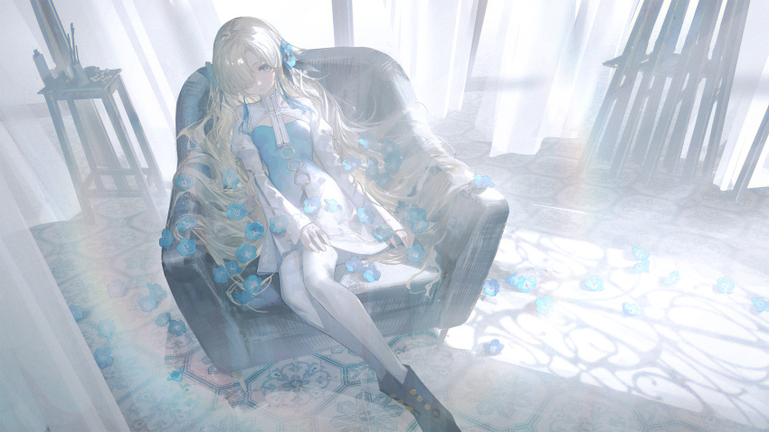 1girl black_footwear blue_dress blue_flower boots chair dress easel expressionless flower gold_trim gradient_dress grey_eyes hair_flower hair_ornament hair_over_one_eye highres indoors isekai_joucho juliet_sleeves kamitsubaki_studio light long_hair long_sleeves looking_at_viewer lounge_chair messy_hair o-ring on_chair paintbrush pantyhose parted_lips puffy_sleeves rainbow reclining reoen shadow short_dress shrug_(clothing) sitting solo tile_floor tiles white_curtains white_dress white_hair white_pantyhose wide_sleeves window