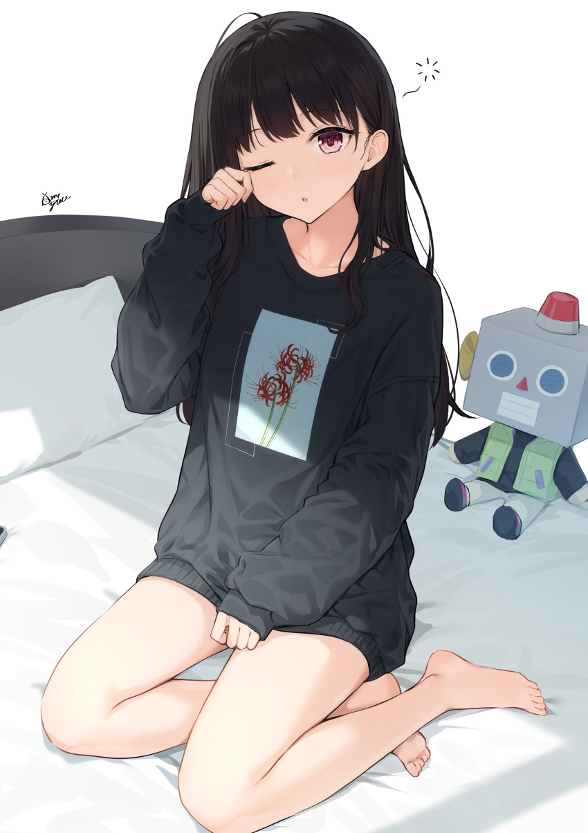 1girl ;o absurdres bangs bare_legs barefoot bed bed_sheet black_hair black_shirt blush commentary_request feet floral_print flower full_body hand_up highres inoue_takina legs long_hair long_sleeves looking_at_viewer lycoris_recoil no_pants on_bed one_eye_closed parted_lips pillow red_eyes rubbing_eyes shirt sidelocks signature sitting solo spider_lily sunlight takenoko_no_you thighs toes toy_robot white_background yokozuwari