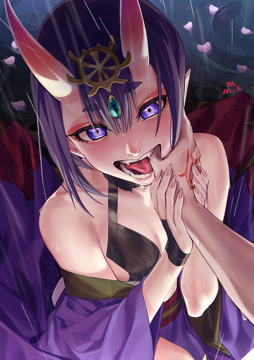 1boy 1girl absurdres bob_cut breasts command_spell eyeliner fangs fate/grand_order fate_(series) finger_in_another's_mouth headpiece highres horns ihavetwoooo japanese_clothes kimono makeup oni oni_horns open_clothes open_kimono open_mouth pov purple_eyes purple_hair purple_kimono short_eyebrows short_hair shuten_douji_(fate) skin-covered_horns small_breasts solo_focus