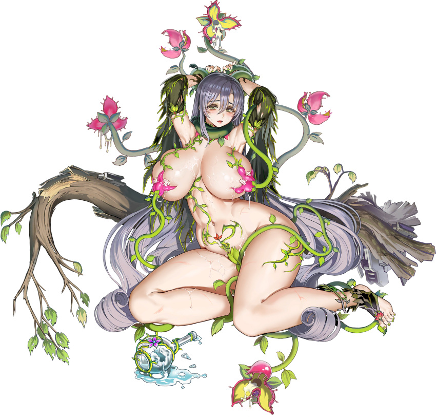 1girl @_@ absurdly_long_hair armpits arms_up bangs barefoot blush bodypaint branch breast_squeeze breasts breasts_apart broken_bottle cameltoe carnivorous_plant circe_(last_origin) collar collarbone convenient_censoring curvy defeat detached_collar feet flower flower_bikini flower_censor full_body game_cg green_collar green_eyes green_footwear green_nails grey_hair hair_between_eyes highres huge_breasts injury last_origin leaf lips long_hair looking_at_viewer machinery nail_polish navel nude official_alternate_costume official_art open_mouth pink_flower plant potion purple_flower red_flower restrained sitting skindentation solo spill spilling suggestive_fluid sweat tachi-e taesi thick_thighs thighs toeless_footwear transparent_background very_long_hair vines wide_hips yokozuwari