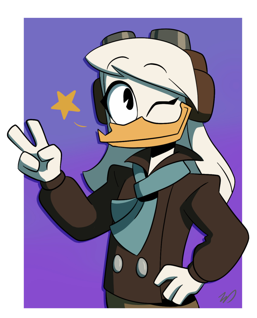 2022 4_fingers alpha_channel anatid anseriform anthro avian beak bird clothed clothing davitt_eleanor della_duck disney duck ducktales ducktales_(2017) eyewear eyewear_on_head female fingers gesture goggles goggles_on_head hair hi_res looking_at_viewer one_eye_closed purple_background simple_background smile solo star v_sign white_body