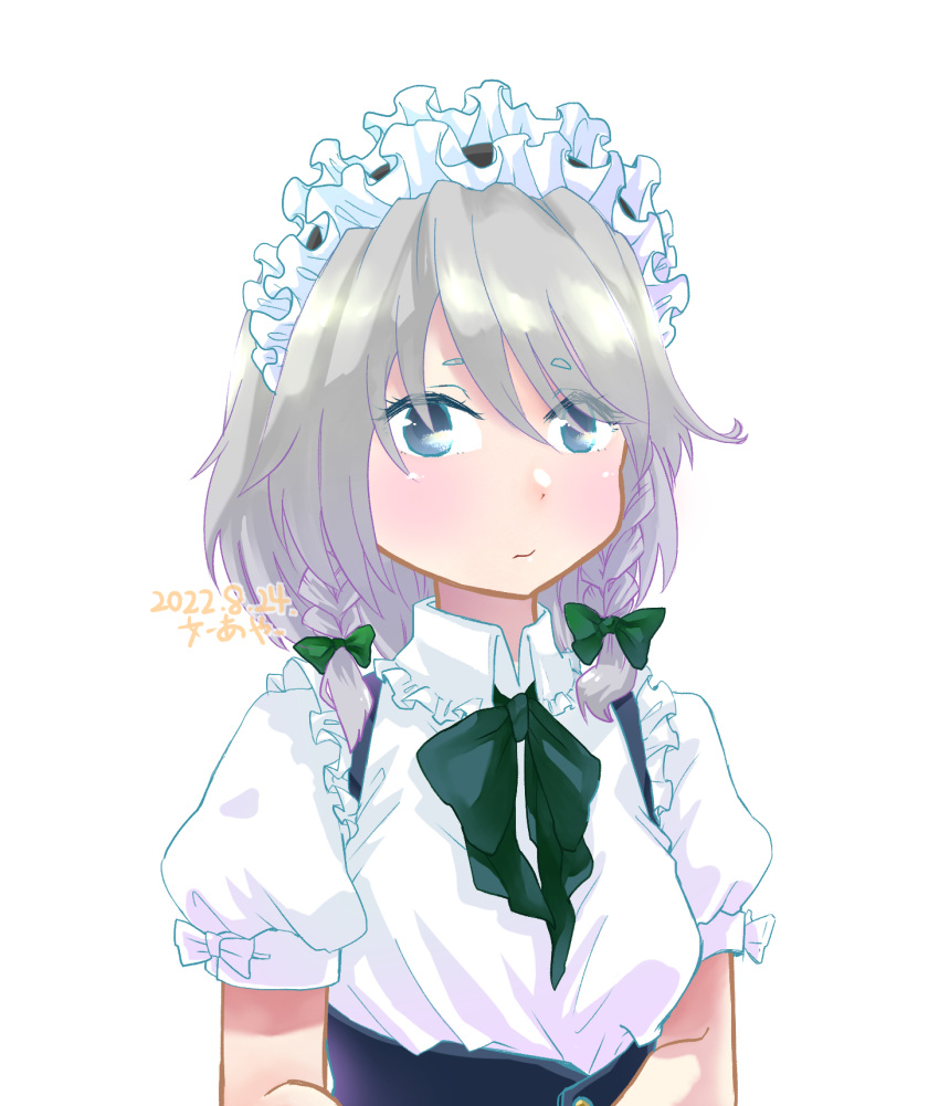 1girl black_bow black_bowtie bow bowtie braid breasts closed_mouth dated green_bow grey_eyes grey_hair hair_between_eyes hair_bow highres izayoi_sakuya looking_at_viewer maid maid_headdress medium_hair puffy_short_sleeves puffy_sleeves shin1ar24 shirt short_sleeves simple_background small_breasts solo touhou twin_braids white_background white_shirt