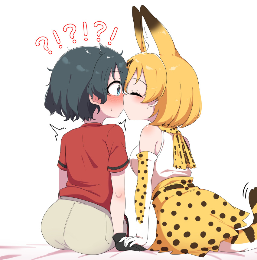 ! 2girls ? absurdres animal_ears bare_shoulders black_gloves black_hair blonde_hair blue_eyes bow bowtie cat_ears cat_girl cat_tail chis_(js60216) closed_eyes commentary_request elbow_gloves embarrassed extra_ears from_behind gloves grey_shorts high-waist_skirt highres kaban_(kemono_friends) kemono_friends kiss multiple_girls no_headwear pantyhose print_bow print_bowtie print_gloves print_skirt red_shirt serval_(kemono_friends) serval_print shirt short_hair short_sleeves shorts sitting skirt sleeveless t-shirt tail white_shirt yuri