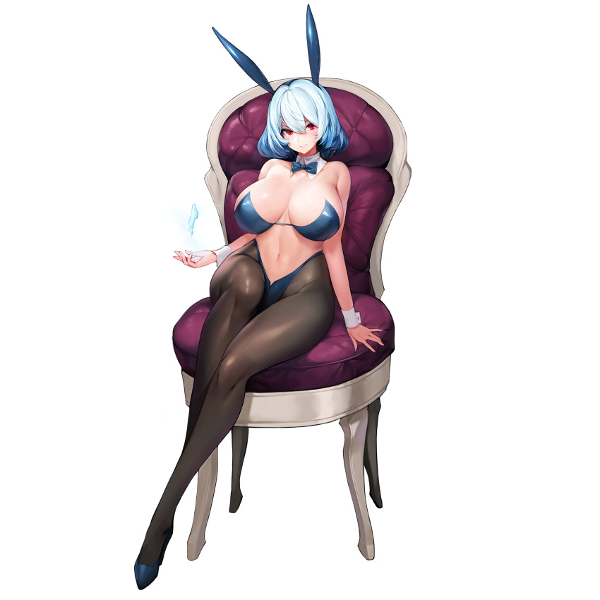 1girl adhesive_bra animal_ears blue_bow blue_bowtie blue_bra blue_hair blue_panties bow bowtie bra breasts brown_pantyhose chair cleavage closed_mouth collar crossed_legs detached_collar detached_sleeves easy_chair fake_animal_ears full_body hair_between_eyes headband high_heels highleg highleg_panties highres huge_breasts ice last_origin light_blue_hair linea_alba lips navel official_alternate_costume official_art panties pantyhose playboy_bunny rabbit_ears red_eyes short_hair sitting skindentation snowball22 solo strapless strapless_bra tachi-e titania_frost transparent_background underwear white_collar white_sleeves wide_hips