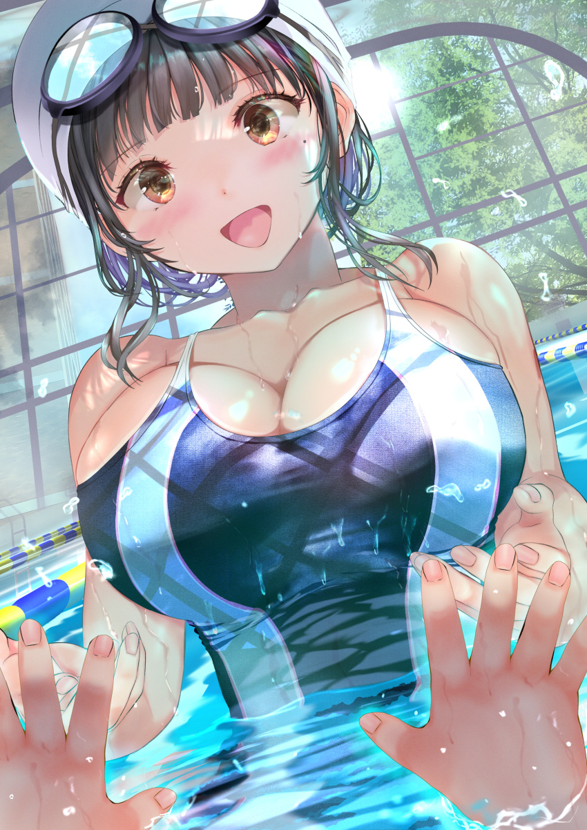 1girl :d absurdres blush breasts brown_eyes cleavage collarbone commentary_request competition_swimsuit embarrassed fingernails goggles goggles_on_head highres large_breasts mole mole_under_eye ogata_tei one-piece_swimsuit open_mouth original partially_submerged pool pov revision smile swimsuit upper_body water