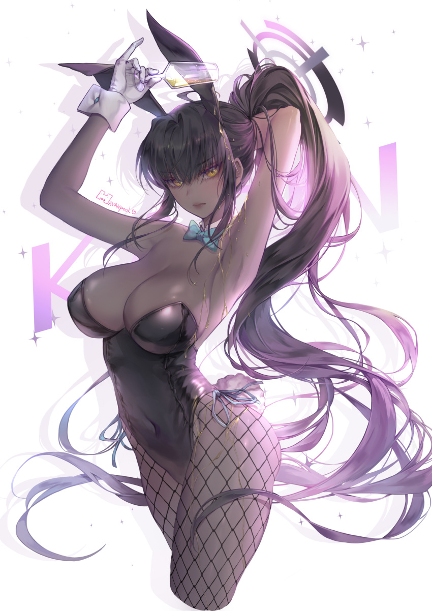 1girl absurdres alcohol animal_ears armpits arms_up bangs bare_shoulders black_hair black_leotard blue_archive blush breasts champagne cleavage cup dark-skinned_female dark_skin detached_collar drinking_glass fake_animal_ears fishnet_pantyhose fishnets gloves hayanpool highleg highleg_leotard highres karin_(blue_archive) karin_(bunny)_(blue_archive) large_breasts leotard long_hair looking_at_viewer pantyhose playboy_bunny ponytail pouring pouring_onto_self rabbit_ears sidelocks solo thighs white_gloves yellow_eyes