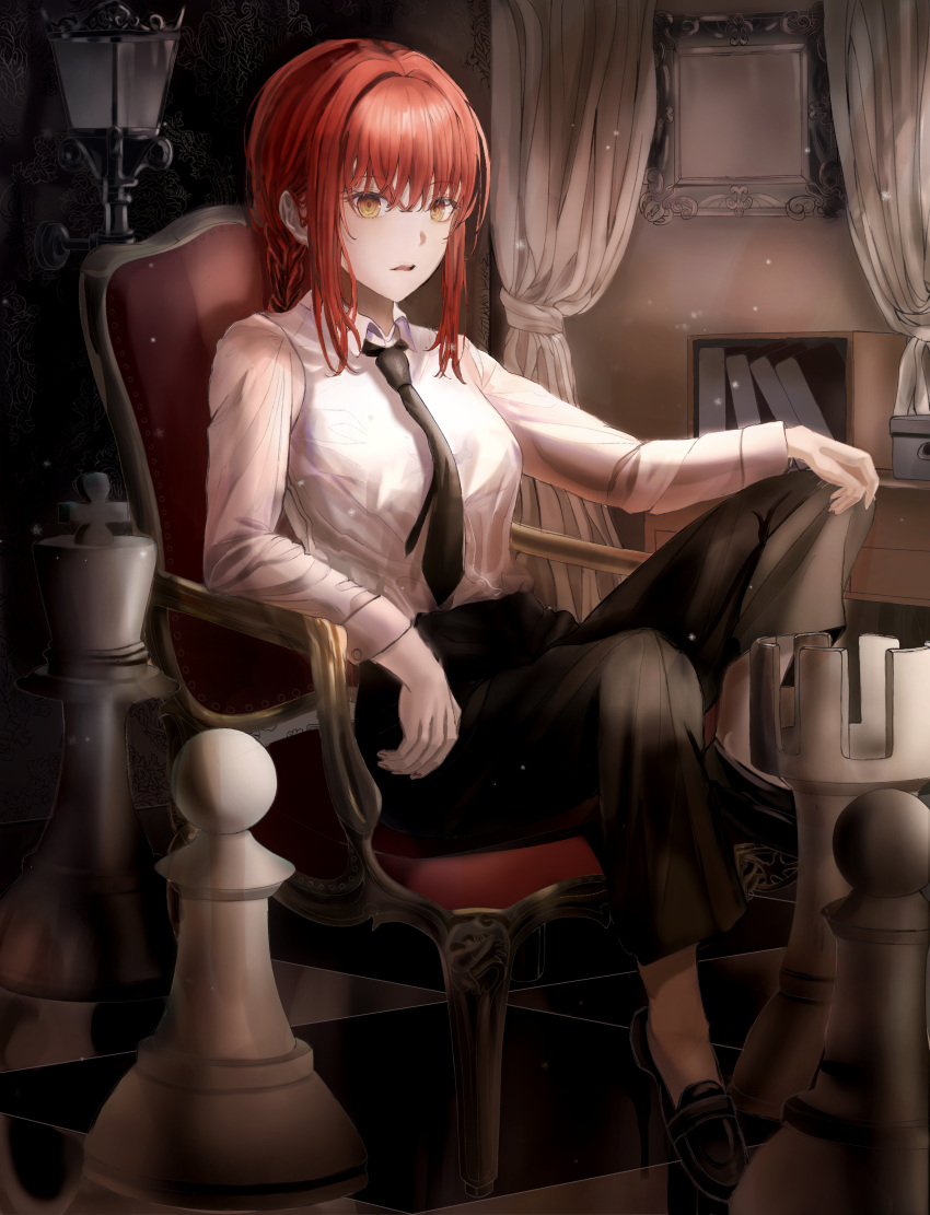 1girl absurdres alternate_eye_color arm_up bangs black_footwear black_necktie black_pants board_game braid breasts brown_eyes chainsaw_man chair chess collared_shirt curtains floor formal hair_between_eyes hand_on_own_knee hand_up highres indoors lamp long_hair long_sleeves looking_at_viewer makima_(chainsaw_man) mayo_9_5 medium_breasts necktie open_mouth pants picture_(object) red_hair shirt shoes sidelocks sitting solo suit wall white_shirt