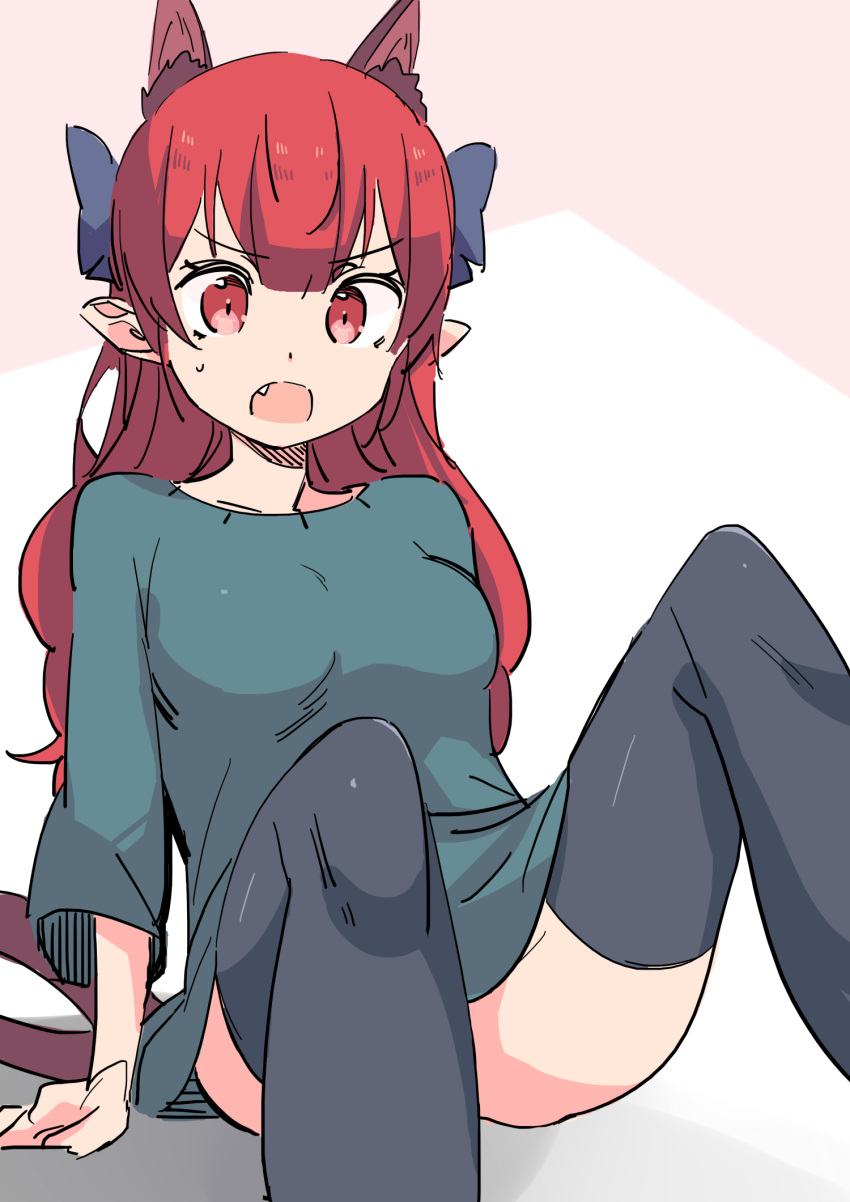 1girl akuma alternate_hairstyle animal_ears bow cat_ears extra_ears fang hair_bow hair_down highres kaenbyou_rin long_hair open_mouth pointy_ears red_eyes red_hair sitting solo thighhighs touhou