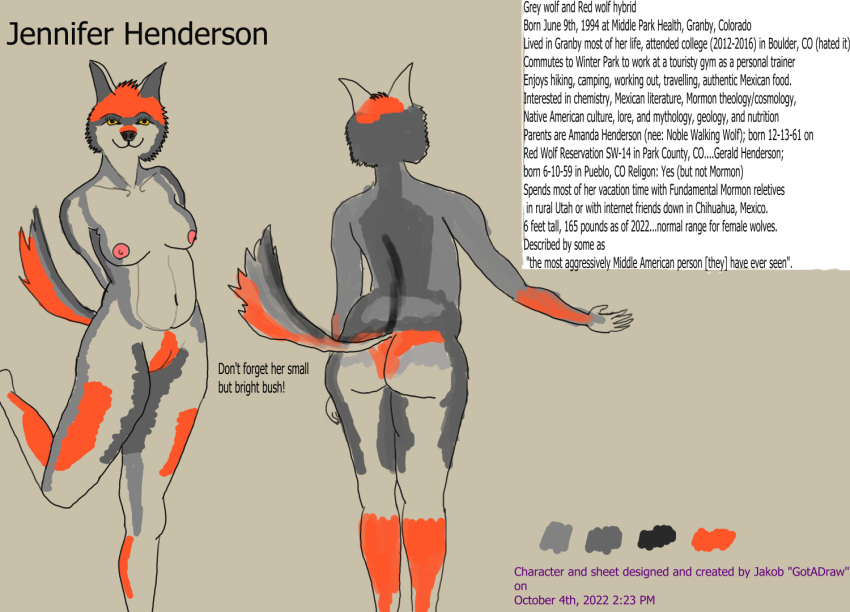 25:18 abdominal_bulge anthro areola big_butt breasts butt canid canine canis english_text female fur_pattern genitals gotadraw hands_behind_back jennifer_(gotadraw) mammal markings model_sheet navel nipples no_shading pubes pussy raised_leg red_wolf solo tail tail_markings text thick_thighs wolf yellow_eyes