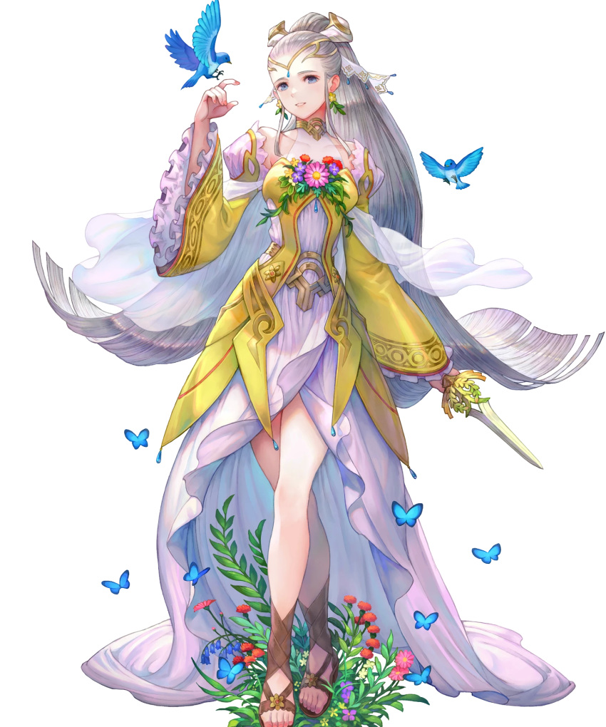 1girl animal bird blue_eyes breasts covered_collarbone dagger detached_sleeves dress earrings eir_(fire_emblem) fire_emblem fire_emblem_heroes flower flower_earrings frills full_body gold_trim grey_hair haccan hair_ornament highres holding holding_weapon jewelry knife long_dress long_hair medium_breasts non-web_source official_art ponytail sandals see-through tiara toeless_footwear transparent_background weapon wide_sleeves