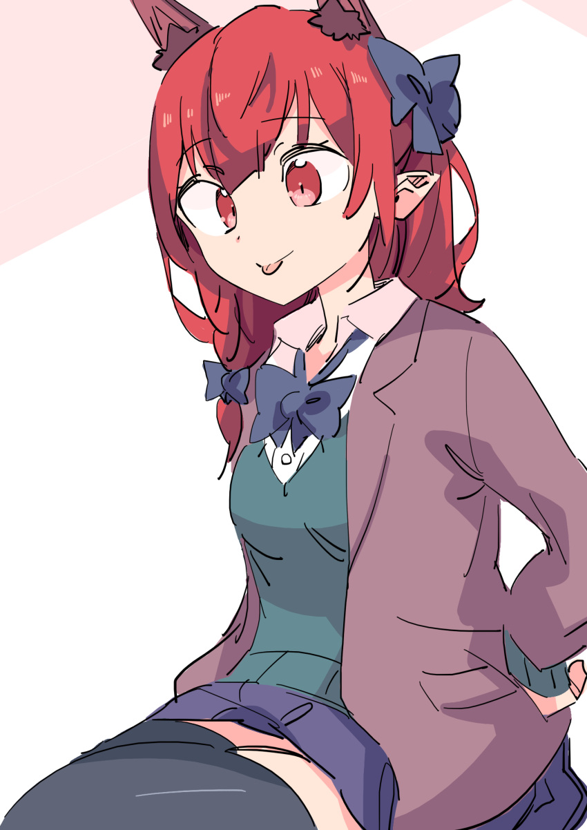 1girl akuma alternate_costume alternate_hairstyle animal_ears blue_bow bow braid cat_ears extra_ears hair_bow hair_down highres kaenbyou_rin pointy_ears red_eyes red_hair skirt solo thighhighs tongue tongue_out touhou