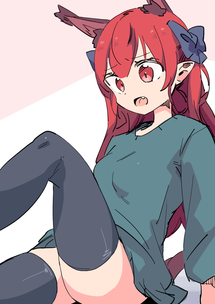 1girl akuma alternate_hairstyle animal_ears bow cat_ears extra_ears fang hair_bow hair_down highres kaenbyou_rin knee_up long_hair long_sleeves open_mouth pointy_ears red_eyes red_hair solo thighhighs touhou