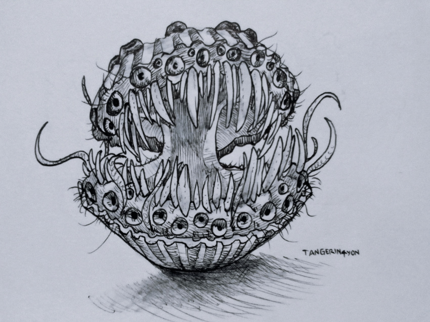 2022 bivalve creepy hairy inktober marine mollusk monster nightmare_fuel not_furry open_mouth scallop scary sharp_teeth signature solo tangerin4yon teeth tentacles tongue traditional_media_(artwork)