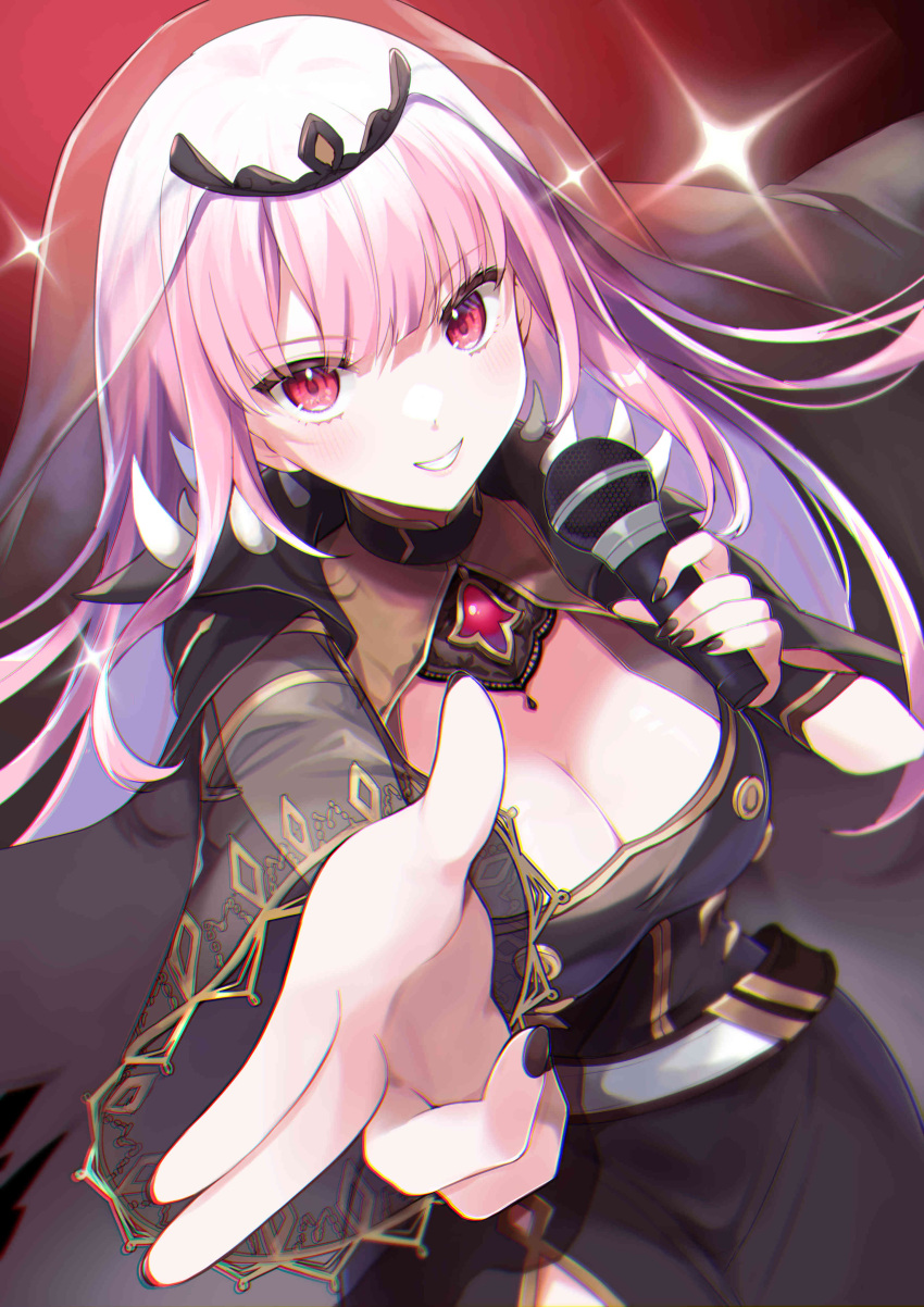 1girl absurdres black_cape black_dress black_nails breasts cape cleavage crest detached_sleeves dress finger_gun highres holding holding_microphone hololive hololive_english large_breasts long_hair long_sleeves looking_at_viewer microphone mori_calliope nail_polish pink_hair red_eyes see-through see-through_sleeves shinomiya_shino_(sinosino141) single_sleeve smile solo sparkle teeth tiara veil virtual_youtuber