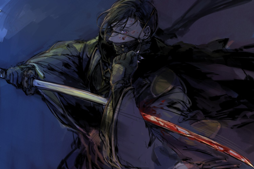 1boy bangs black_gloves black_hair black_kimono black_scarf blood blood_on_clothes blood_on_face blood_on_weapon blue_background fate/grand_order fate_(series) gloves holding holding_sword holding_weapon japanese_clothes katana kimono looking_at_viewer male_focus mask motion_lines mouth_mask purple_eyes scarf short_hair sideways_glance simple_background solo sword umu_(um) upper_body weapon wiping yamanami_keisuke_(fate)