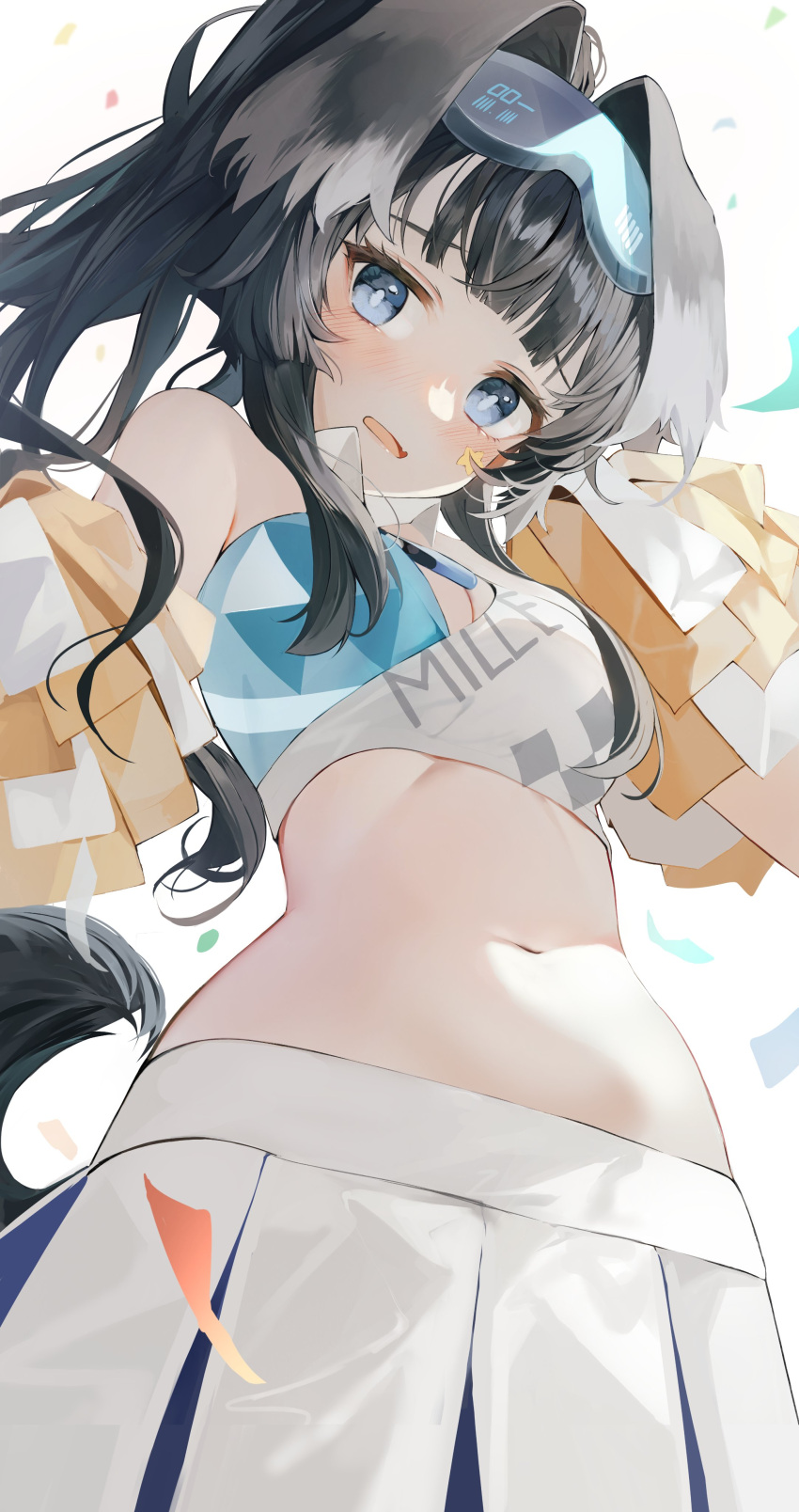 1girl absurdres animal_ears animal_ears_(artist) bare_shoulders black_hair blue_archive blue_eyes breasts bright_pupils cheerleader cleavage collared_shirt crop_top dog_ears dog_girl dog_tail goggles goggles_on_head hibiki_(blue_archive) hibiki_(cheerleader)_(blue_archive) highres holding long_hair looking_at_viewer medium_breasts midriff navel open_mouth pleated_skirt pom_pom_(cheerleading) ponytail shirt skirt sleeveless sleeveless_shirt solo stomach tail upper_body white_shirt white_skirt
