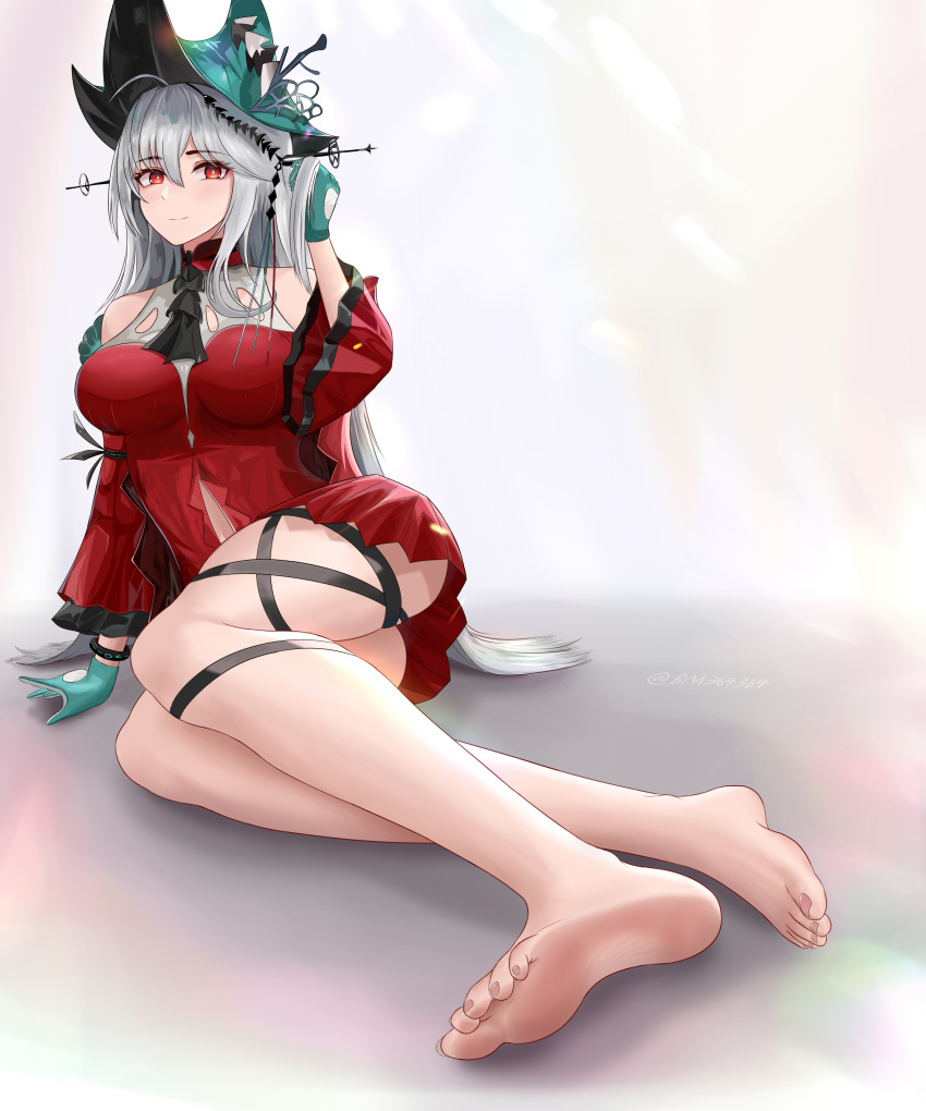 1girl absurdres adjusting_hair aqua_gloves arknights arm_support ascot bangs bare_legs barefoot black_ascot bm_(bm364364) bracelet breasts chinese_commentary closed_mouth clothing_cutout dress feet foot_focus foreshortening full_body gloves grey_background grey_hair hair_between_eyes hair_ornament highres jewelry large_breasts legs long_hair looking_at_viewer lying multicolored_clothes multicolored_gloves navel_cutout official_alternate_costume on_side red_dress red_eyes shadow skadi_(arknights) skadi_the_corrupting_heart_(arknights) smile soles solo thighs toes twitter_username two-tone_gloves white_gloves wide_sleeves