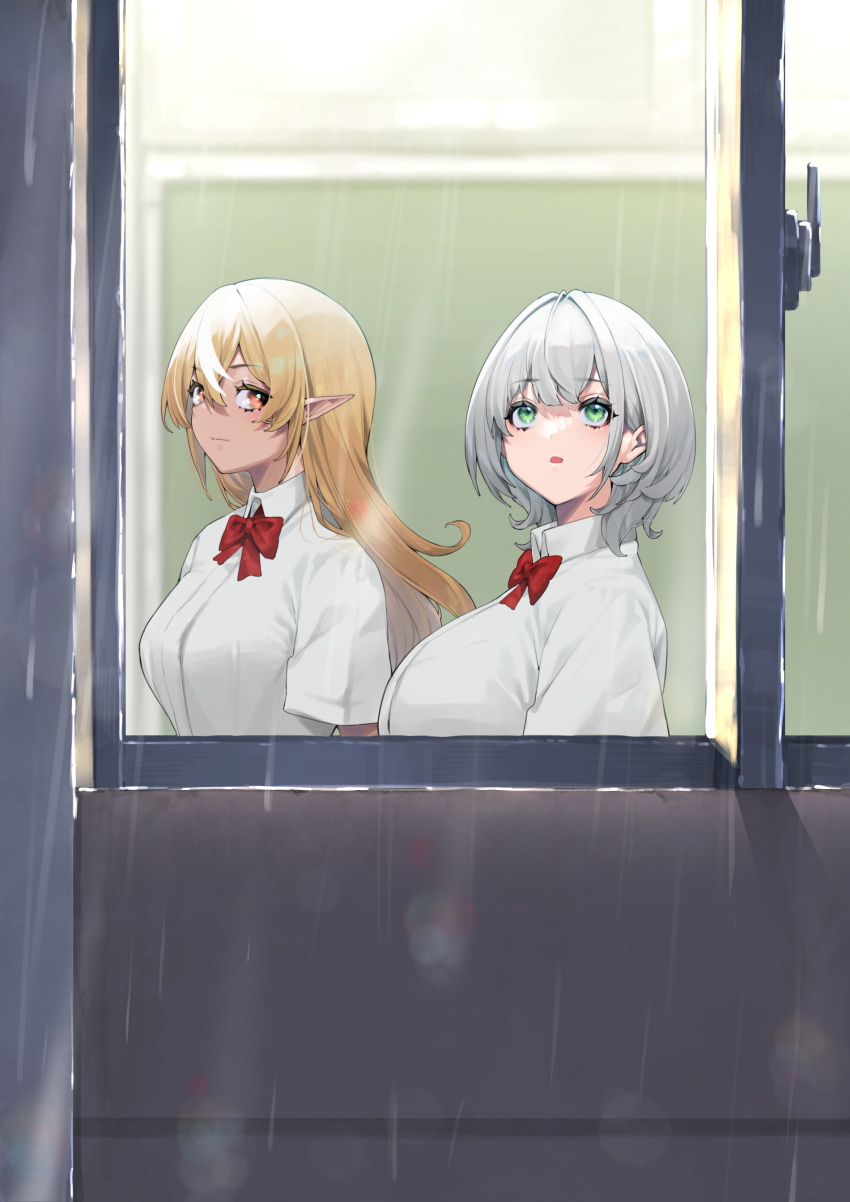 2girls absurdres blonde_hair bow bowtie breasts closed_eyes collarbone elf green_eyes grey_hair highres hololive large_breasts long_hair medium_hair mikan_(chipstar182) multicolored_hair multiple_girls orange_eyes parted_lips pointy_ears rain red_bow red_bowtie shiranui_flare shirogane_noel shirt short_hair streaked_hair virtual_youtuber white_hair white_shirt window