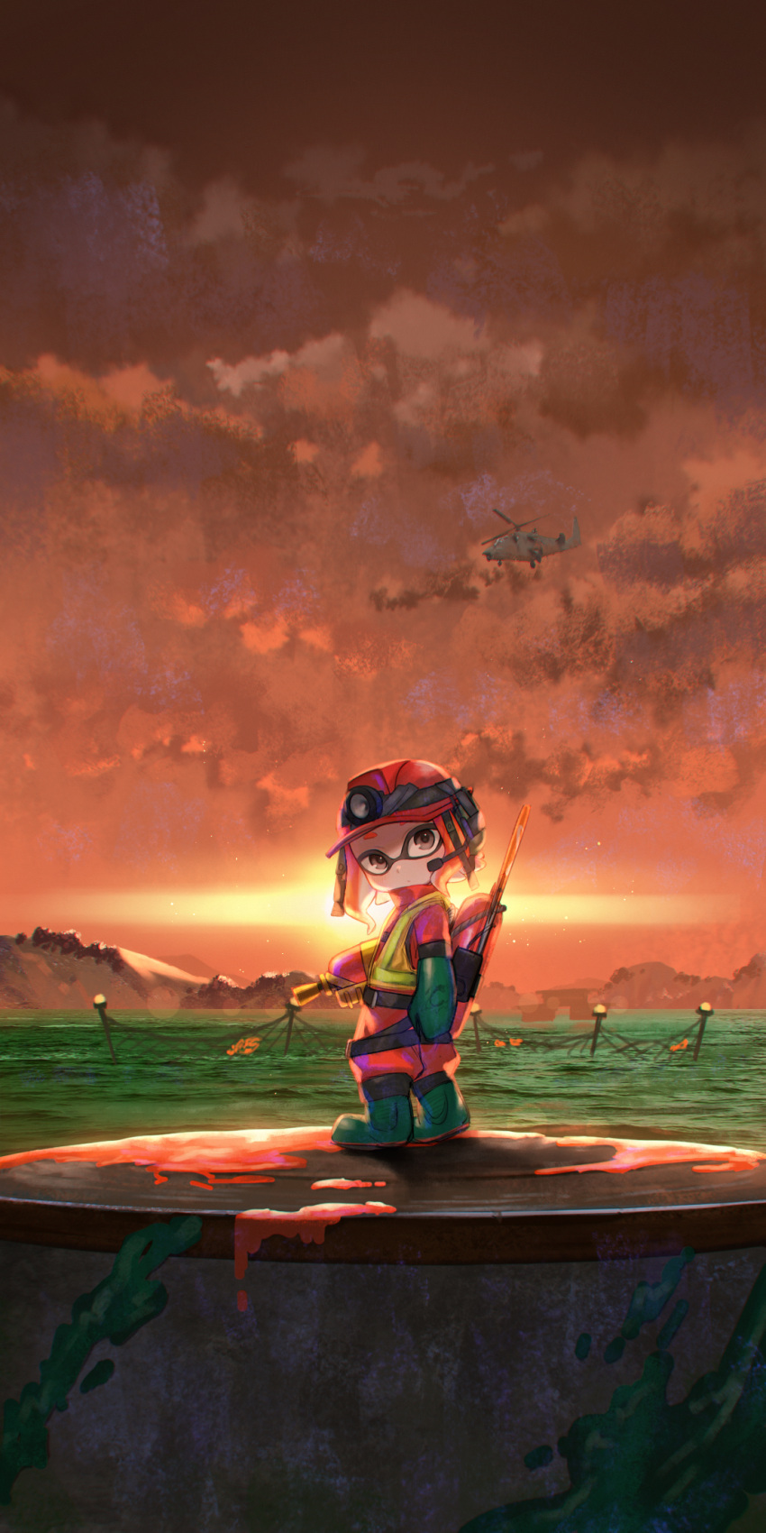 1girl aircraft akky_(akimi1127) boots brown_eyes cloud cloudy_sky commentary_request from_side gloves green_footwear green_gloves helicopter helmet highres inkling jacket looking_at_viewer looking_to_the_side paint_splatter pants red_hair red_headwear red_jacket red_pants red_sky rubber_boots salmon_run sky solo splatoon_(series) splatoon_3 standing water