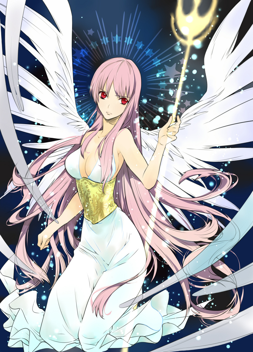 1girl absurdres athena_(saint_seiya) bangs blue_background breasts cleavage closed_mouth dress feathered_wings full_body highres holding holding_staff kido_saori kneeling looking_at_viewer pink_hair red_eyes saint_seiya serious sleeveless sleeveless_dress solo staff star_(symbol) white_dress white_wings wings yyuunn