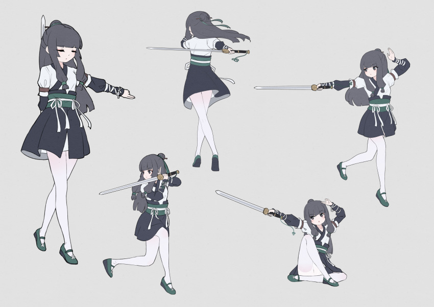 1girl absurdres black_hair black_skirt chinese_clothes commentary_request green_footwear grey_background highres holding holding_sword holding_weapon layered_sleeves long_hair long_sleeves multiple_views open_mouth original pantyhose puffy_long_sleeves puffy_sleeves shoes short_over_long_sleeves short_sleeves simple_background skirt standing standing_on_one_leg sword too-ye very_long_hair weapon white_pantyhose