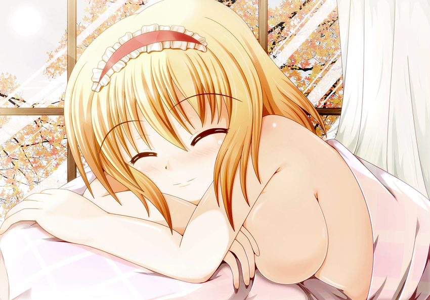 alice_margatroid bad_id bad_pixiv_id bed bed_sheet blonde_hair blush breasts closed_eyes hairband highres large_breasts lying naked_sheet nekoman_(nukomann) nude on_stomach smile solo touhou window