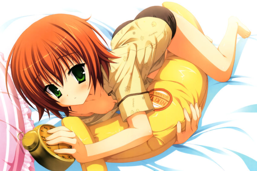 absurdres alarm_clock areolae banana barefoot bed brown_hair clock downblouse food foreshortening fruit green_eyes highres hug kobuichi loose_clothes loose_shirt lying miyoshi_yuiko muririn natsuzora_kanata no_bra on_banana on_stomach panties pillow pillow_hug scan shirt solo themed_object underwear