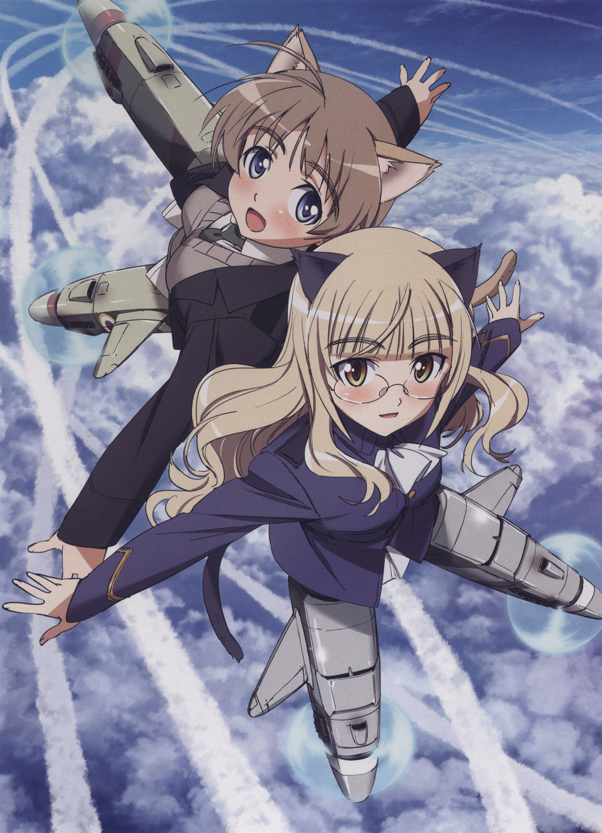 absurdres artist_request blonde_hair blue_eyes brown_hair day highres long_hair lynette_bishop multiple_girls official_art pantyhose perrine_h_clostermann scan scan_artifacts sky smile strike_witches striker_unit world_witches_series yellow_eyes