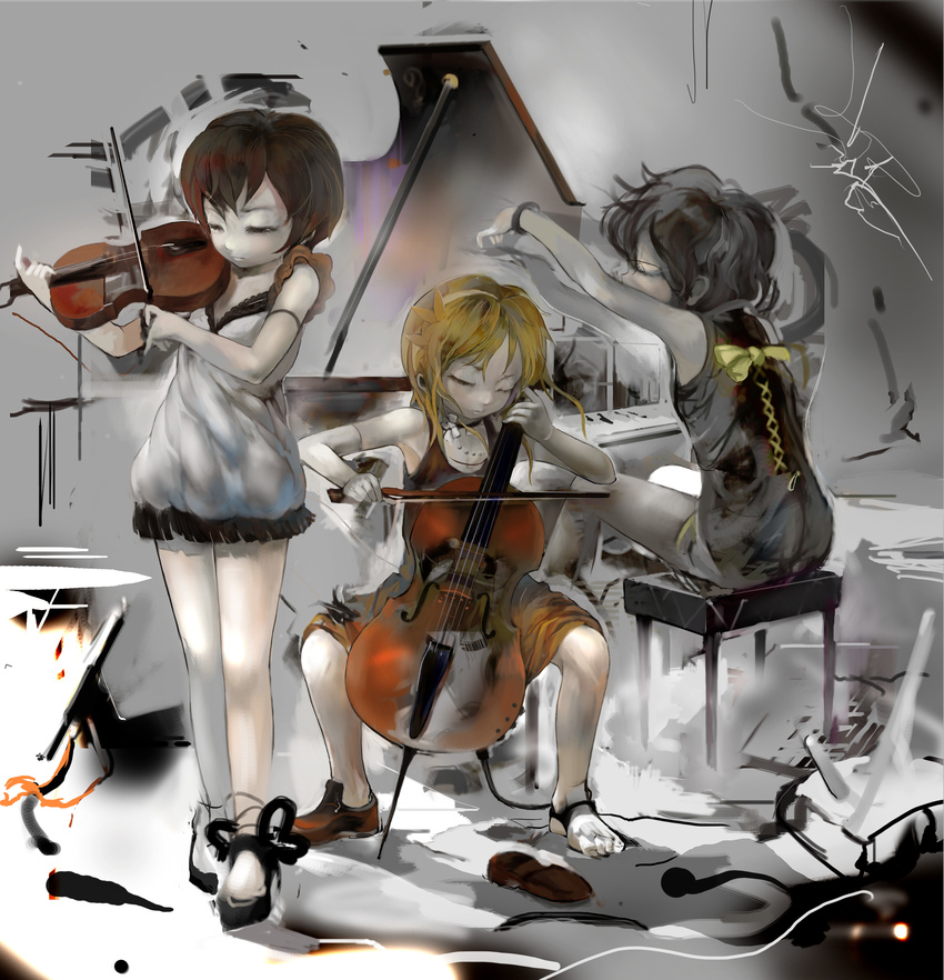 absurdres bow_(instrument) cello dress grand_piano hecatoncheir highres instrument multiple_girls music original piano piano_bench shoes single_shoe sitting uturo violin