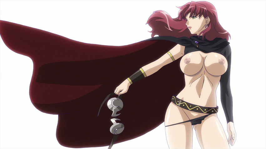 breasts cape claudette_(queen's_blade) cleavage covered_nipples helmet highres large_breasts legs midriff panties queen's_blade red_hair screencap solo thighs thong underwear