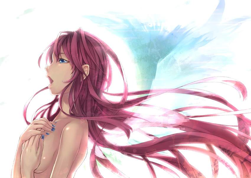 bad_id bad_pixiv_id blue_eyes blue_nails breasts highres itsuya_(daystar) large_breasts long_hair megurine_luka music nail_polish nude open_mouth pink_hair sideboob singing solo very_long_hair vocaloid wings