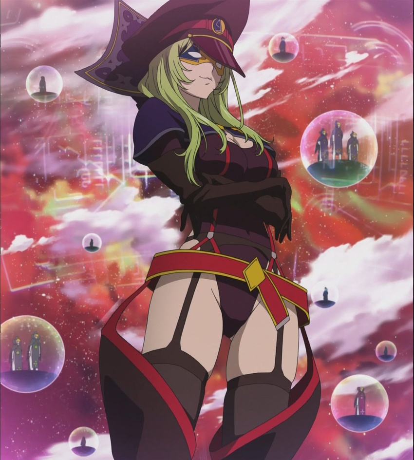 boots crossed_arms garter_belt hat highres light_smile mask screencap solo standing star_driver stitched thigh_boots thighhighs third-party_edit watanabe_kanako