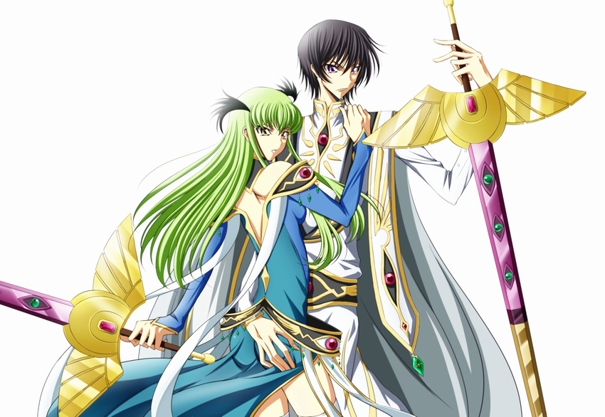 1girl ass ass_grab bare_shoulders black_hair c.c. ccllsaikou code_geass dress green_hair highres lelouch_lamperouge long_hair purple_eyes simple_background sword thighhighs weapon white_legwear yellow_eyes