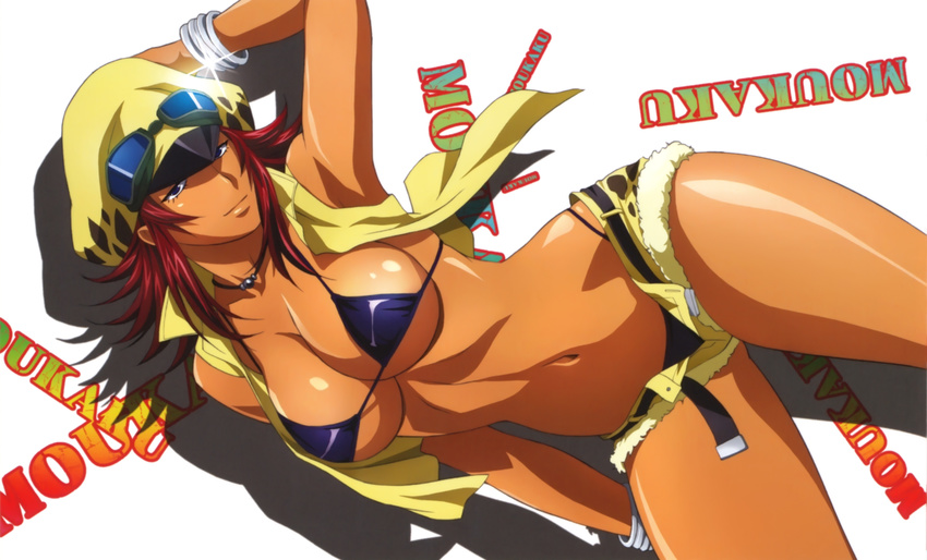 animal_print arm_up armpits bare_shoulders belt bikini bikini_top bikini_under_clothes blue_bikini blue_eyes bracelet breasts character_name cleavage contrapposto cowboy_shot cutoffs dark_skin denim denim_shorts dutch_angle eyecatch glint goggles goggles_on_head gradient hand_on_headwear hat high_collar highres ikkitousen ikkitousen_xtreme_xecutor jewelry large_breasts leopard_print light_smile long_hair looking_at_viewer moukaku_(ikkitousen) navel necklace official_art open_clothes open_fly open_vest peaked_cap red_hair rin-sin scan shadow short_shorts shorts sideboob sidelocks smile solo standing strap_gap string_bikini swimsuit swimsuit_under_clothes unbuttoned underboob unzipped vest white_background wide_hips