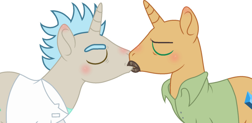 adult_swim beard blush breaking_bad cartoon_network clothing coat crossover duo equid equine facial_hair friendship_is_magic hasbro hi_res horse icicle-wicicle-1517 kissing lab_coat male male/male mammal my_little_pony parody pony rick_and_morty rick_sanchez topwear walter_white