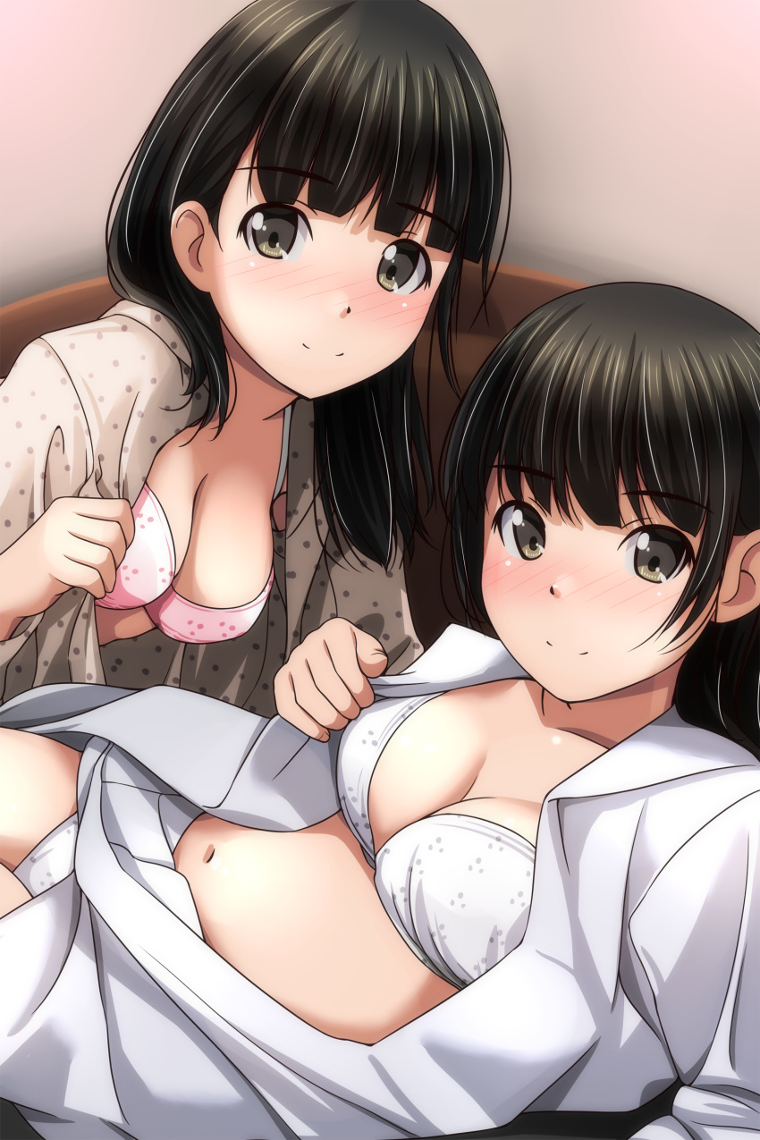 2girls absurdres bangs black_hair blunt_bangs bra breasts brown_eyes brown_shirt chair cleavage closed_mouth collarbone dress_shirt highres indoors long_hair long_sleeves looking_at_viewer lying matsunaga_kouyou medium_breasts multiple_girls navel open_clothes open_shirt original panties pink_bra print_panties print_shirt shirt smile underwear white_bra white_panties white_shirt