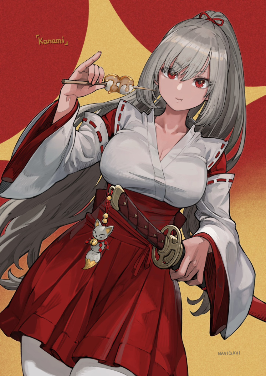 1girl artist_name breasts charm_(object) cleavage commission eating food highres japanese_clothes jun_(seojh1029) katana kebab large_breasts long_hair miko original pleated_skirt ponytail red_background red_eyes scabbard sheath skeb_commission skirt sparkling_eyes sword weapon